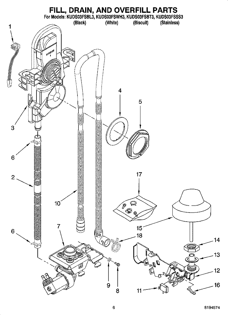 FILL, DRAIN, AND OVERFILL PARTS Diagram and Parts List for KUDS03FSBL3  KitchenAid Dishwasher
