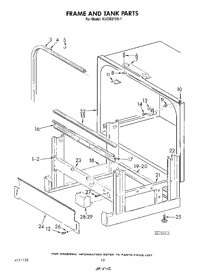 FRAME AND TANK Diagram and Parts List for KUDB210S1  KitchenAid Dishwasher
