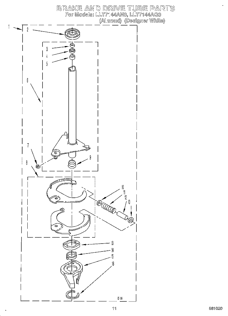 BRAKE AND DRIVE TUBE Diagram and Parts List for LLT7144AN0  Whirlpool Washer