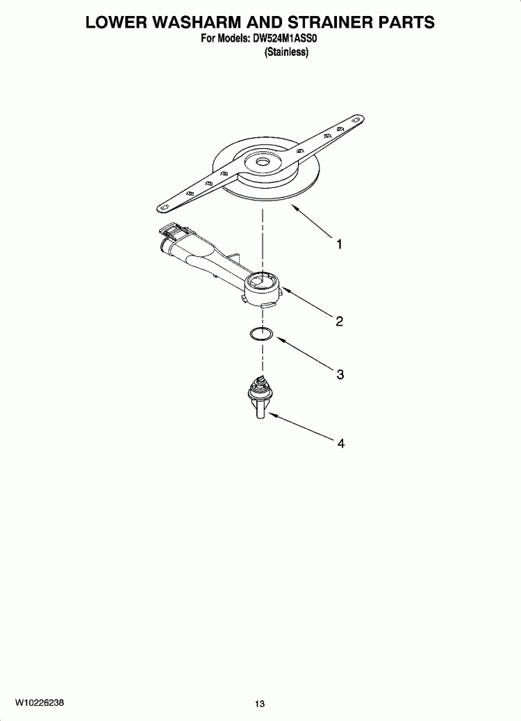 LOWER WASHARM AND STRAINER PARTS, OPTIONAL PARTS (NOT INCLUDED) Diagram and Parts List for DW524M1ASS0  Whirlpool Dishwasher