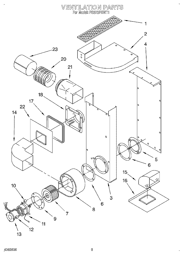 VENTILATION, LITERATURE Diagram and Parts List for RS373PXWT1  Whirlpool Range