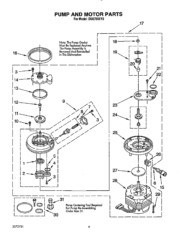 PUMP AND MOTOR Diagram and Parts List for DU8750XY0  Whirlpool Dishwasher