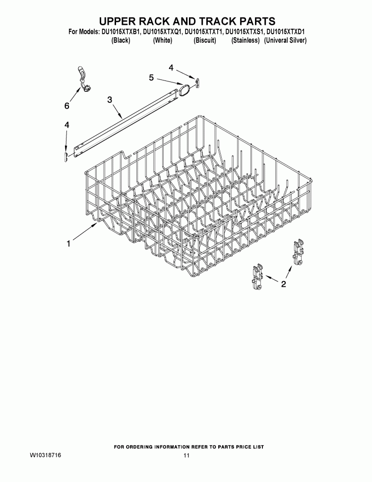 UPPER RACK AND TRACK PARTS Diagram and Parts List for DU1015XTXQ1  Whirlpool Dishwasher