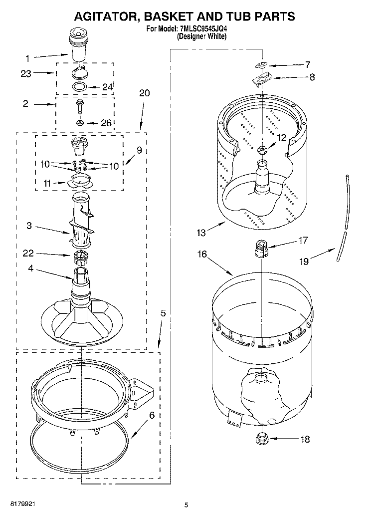AGITATOR, BASKET AND TUB PARTS Diagram and Parts List for 7MLSC9545JQ4  Whirlpool Washer