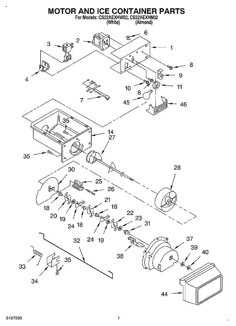 MOTOR AND ICE CONTAINER Diagram and Parts List for CS22AEXHN02  Crosley Refrigerator