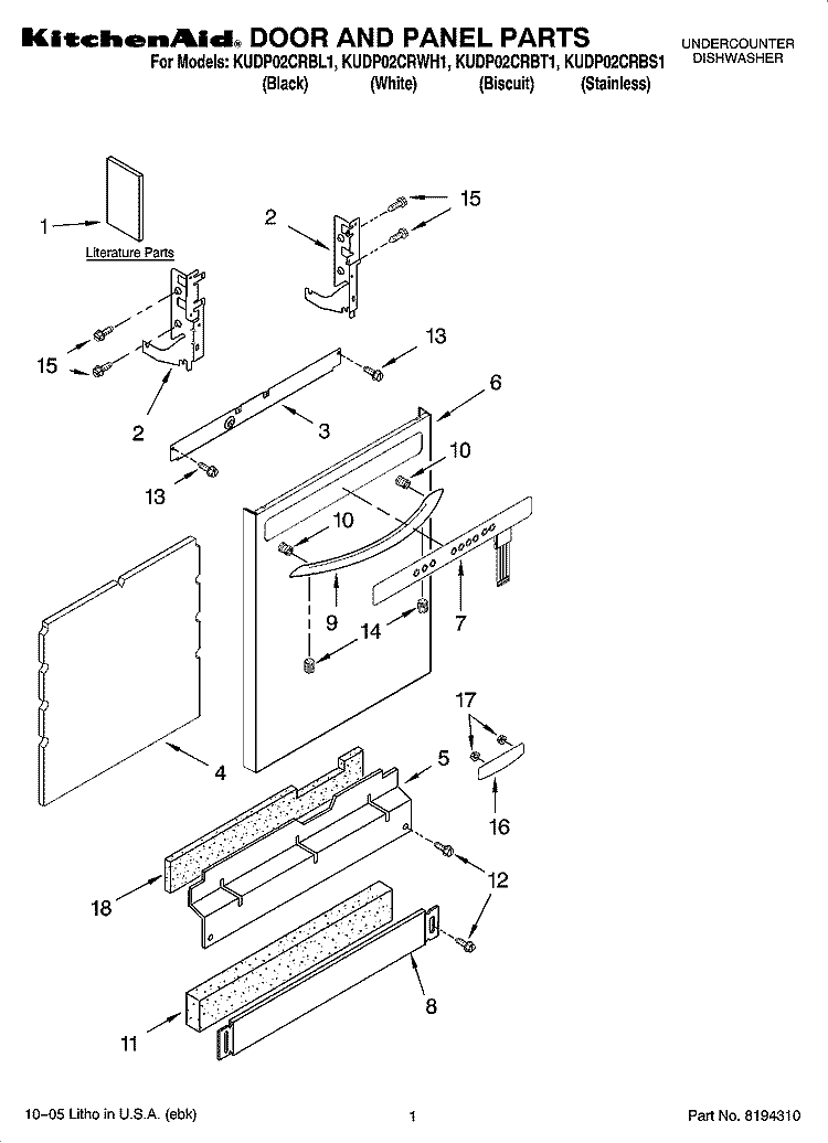 DOOR AND PANEL PARTS Diagram and Parts List for KUDP02CRBT1  KitchenAid Dishwasher