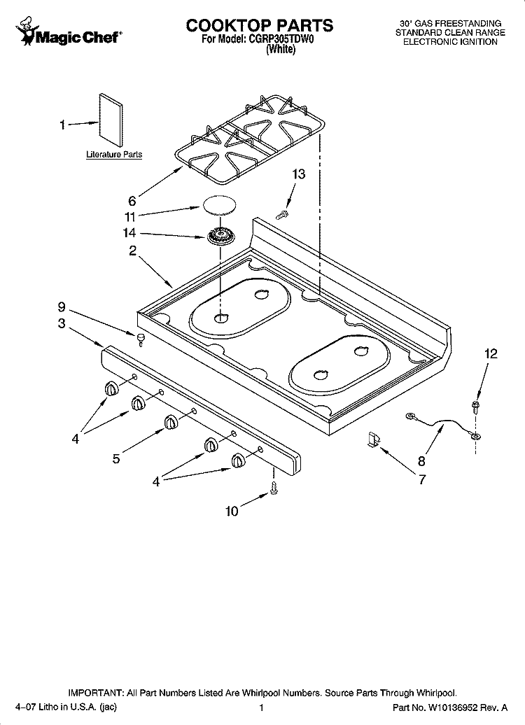 COOKTOP PARTS Diagram and Parts List for CGRP305TDW0  Magic Chef Range