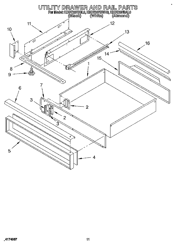 UTILITY DRAWER AND RAIL Diagram and Parts List for KDDT207BAL0  KitchenAid Range