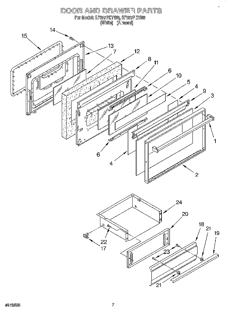 DOOR AND DRAWER Diagram and Parts List for SF387PEYW8  Whirlpool Range