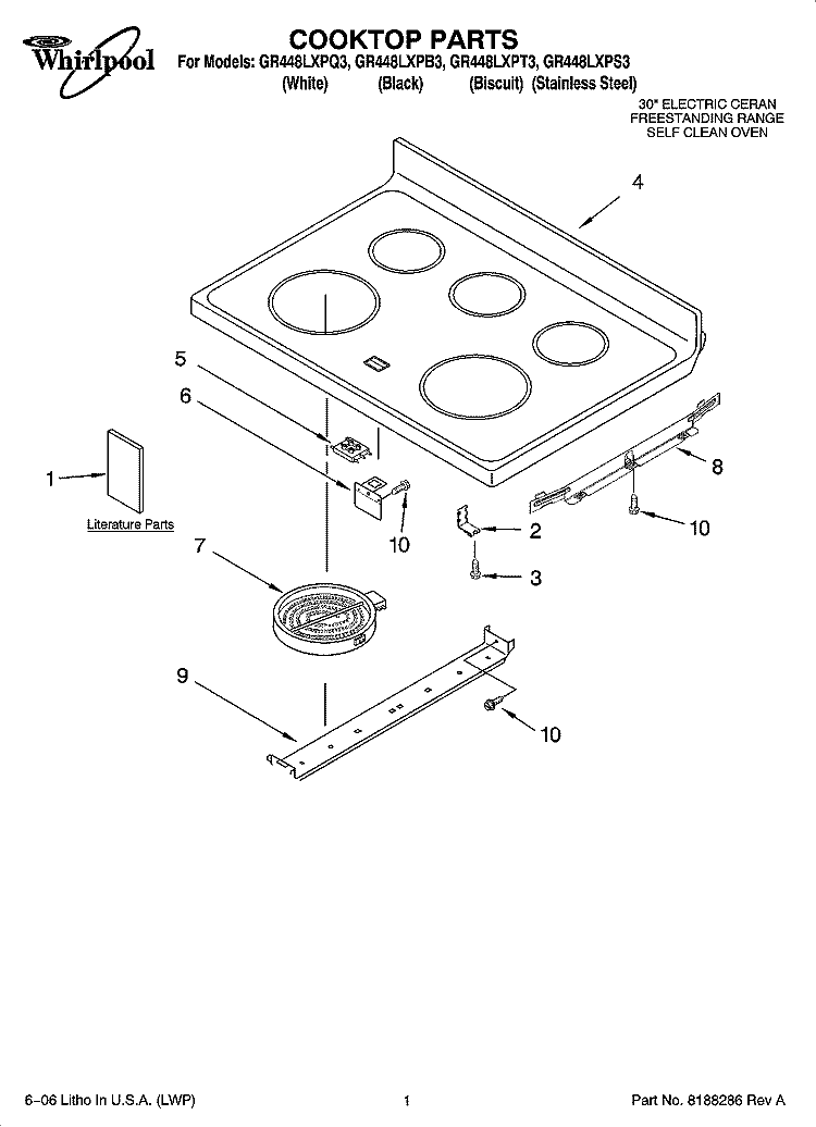 COOKTOP PARTS Diagram and Parts List for GR448LXPS3  Whirlpool Range