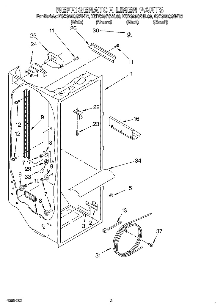 REFRIGERATOR LINER Diagram and Parts List for KSRS25QGWH03  KitchenAid Refrigerator