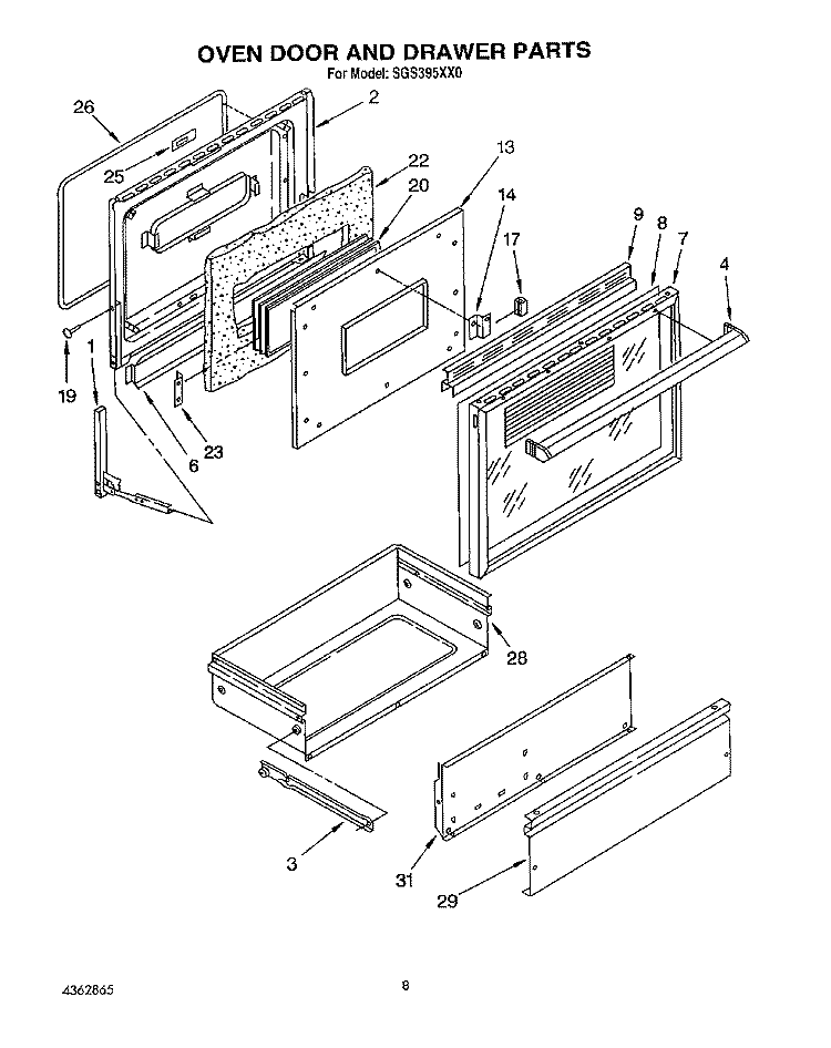 OVEN DOOR AND DRAWER Diagram and Parts List for SGS395XX0  Roper Range