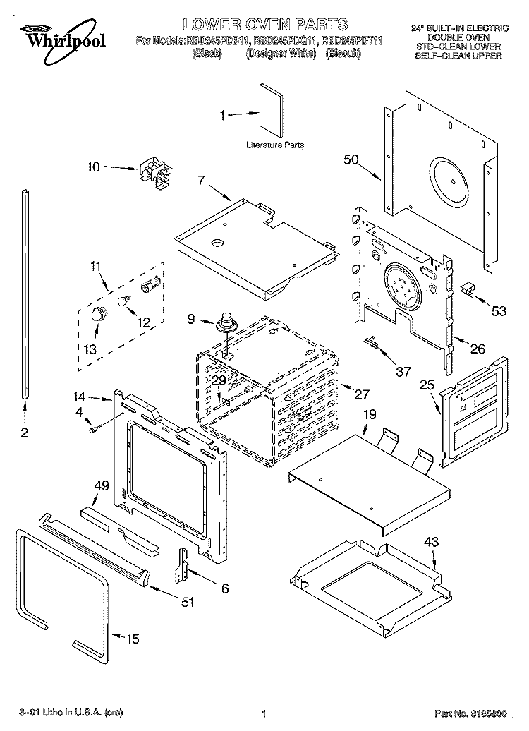 LOWER OVEN, LITERATURE Diagram and Parts List for RBD245PDT11  Whirlpool Wall Oven