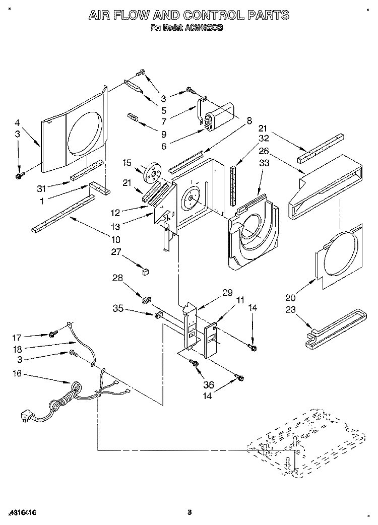 AIR FLOW AND CONTROL Diagram and Parts List for ACM492XX3  Whirlpool Air Conditioner