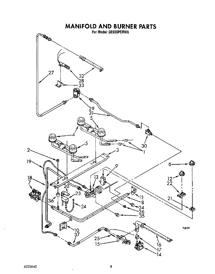 MANIFOLD AND BURNER Diagram and Parts List for SE950PERW6  Whirlpool Range