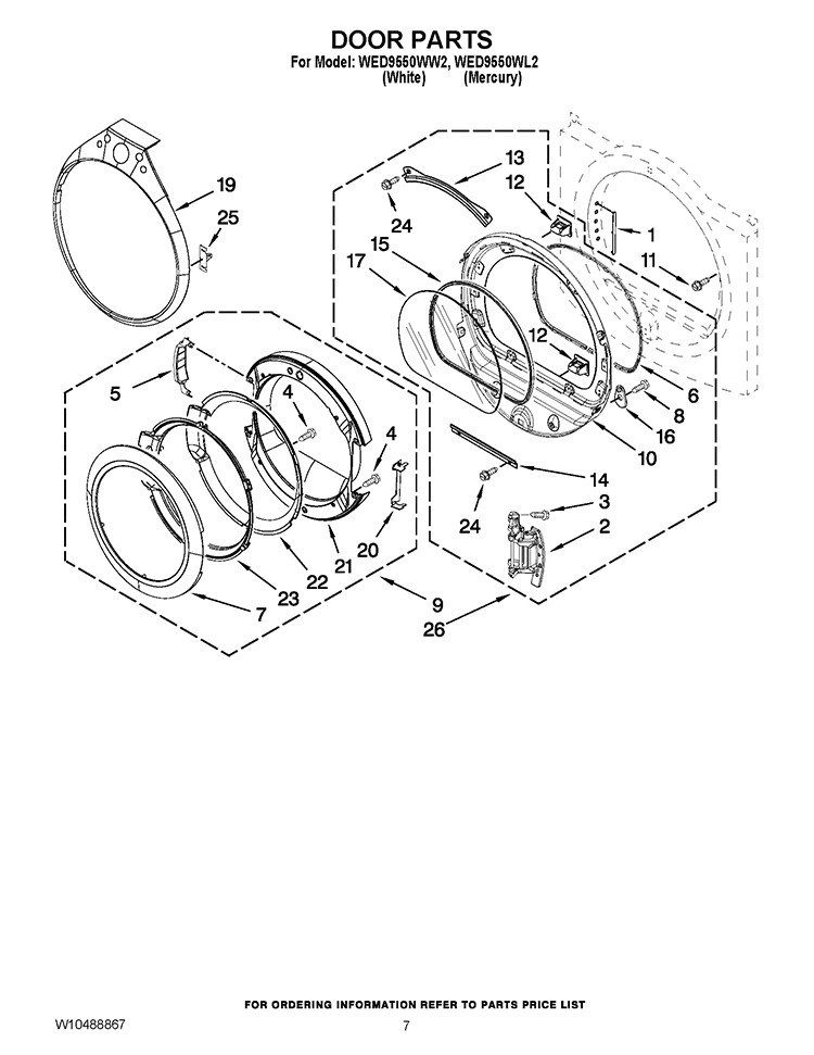 DOOR PARTS Diagram and Parts List for WED9550WL2  Whirlpool Dryer