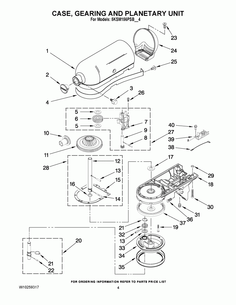 CASE, GEARING AND PLANETARY UNIT Diagram and Parts List for 5KSM156PSBCA4  KitchenAid Mixer