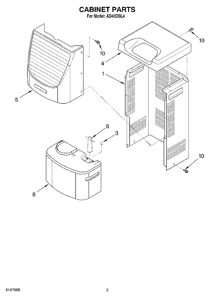 CABINET PARTS Diagram and Parts List for AD40DSL4  Whirlpool Dehumidifier