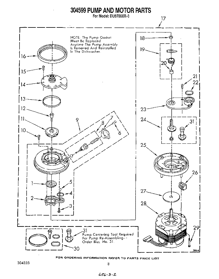 304599 PUMP AND MOTOR Diagram and Parts List for DU9700XR0  Whirlpool Dishwasher