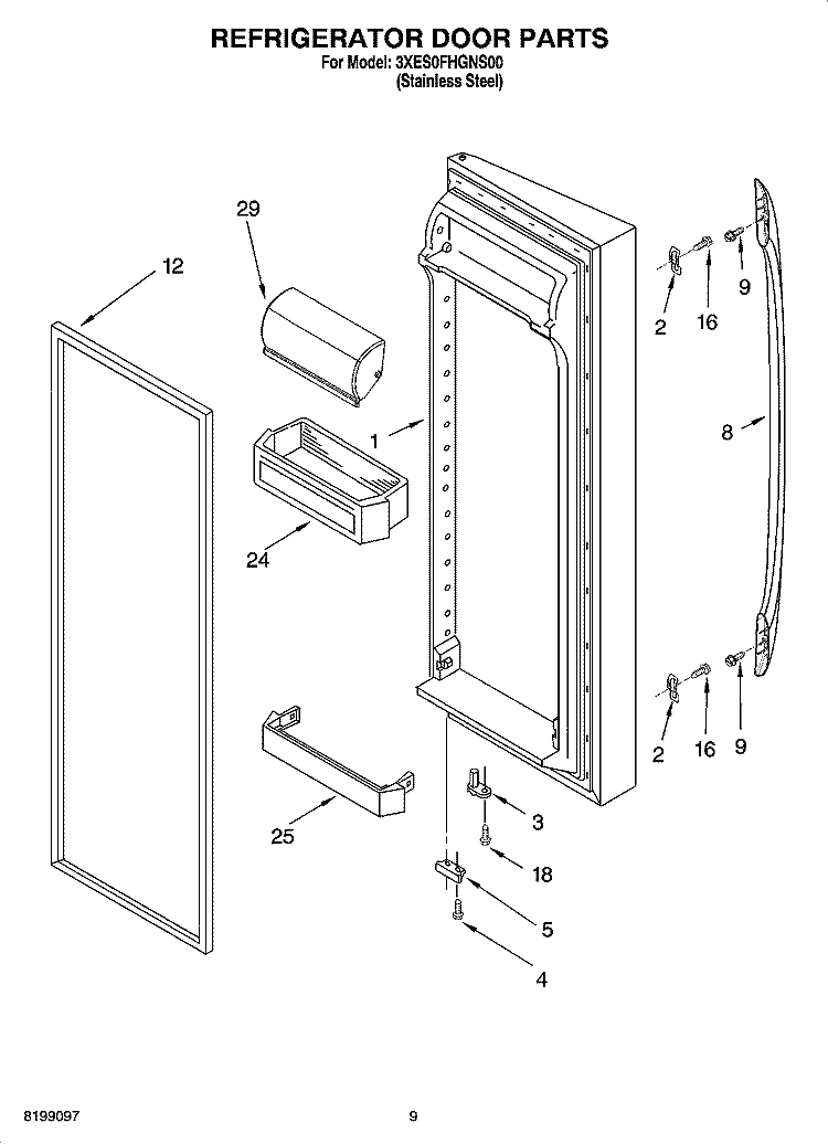 REFRIGERATOR DOOR PARTS Diagram and Parts List for 3XES0FHGNS00  Whirlpool Refrigerator