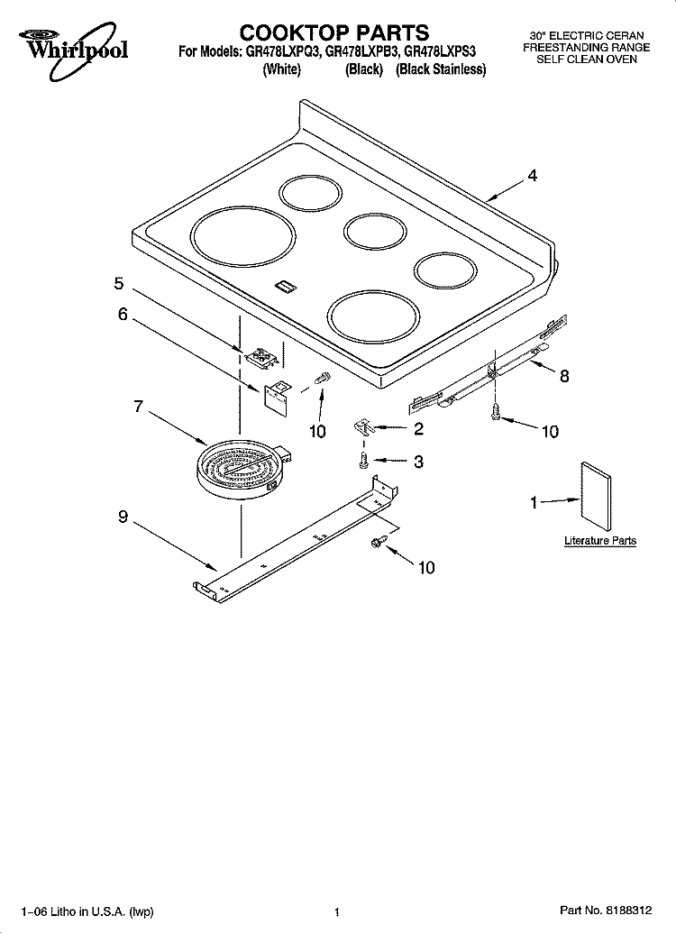 COOKTOP PARTS Diagram and Parts List for GR478LXPQ3  Whirlpool Range