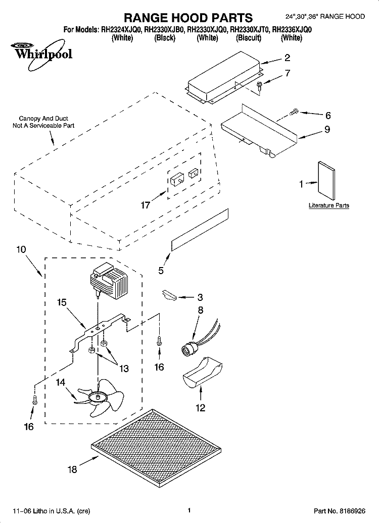 RANGE HOOD PARTS Diagram and Parts List for RH2330XJQ0  Whirlpool Range Hood