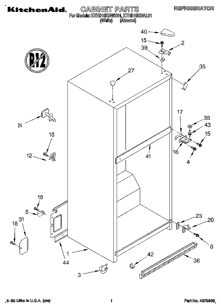 CABINET Diagram and Parts List for KTHD18KDAL01  Whirlpool Refrigerator