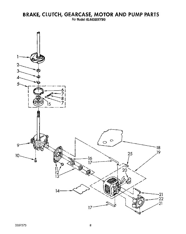 BRAKE, CLUTCH, GEARCASE, MOTOR AND PUMP Diagram and Parts List for 6LA6300XYW0  Whirlpool Washer