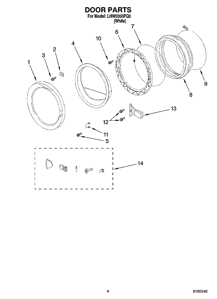 DOOR PARTS Diagram and Parts List for LHW0050PQ0  Whirlpool Washer