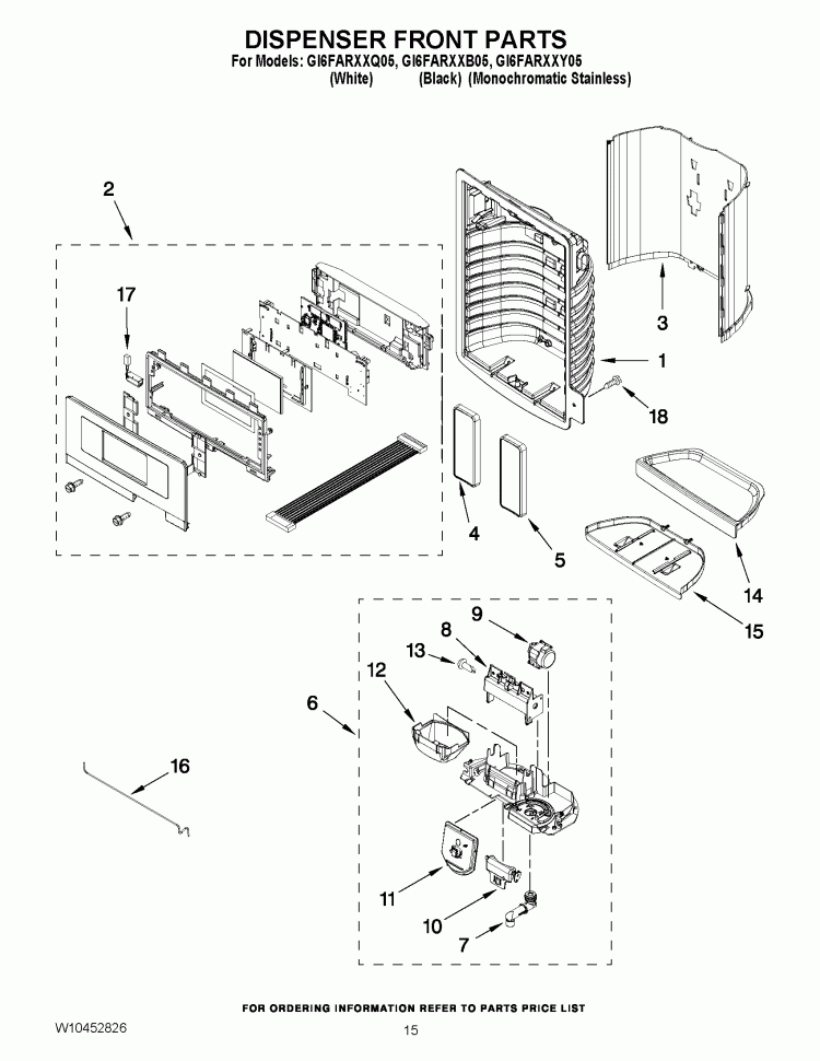 DISPENSER FRONT PARTS Diagram and Parts List for GI6FARXXB05  Whirlpool Refrigerator
