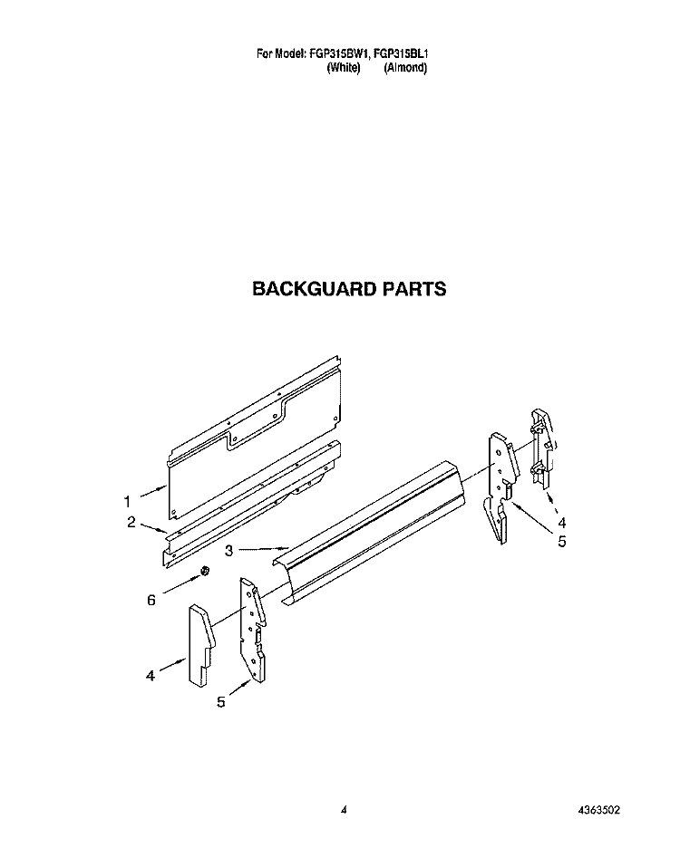 BACKGUARD Diagram and Parts List for FGP315BW1  Roper Range