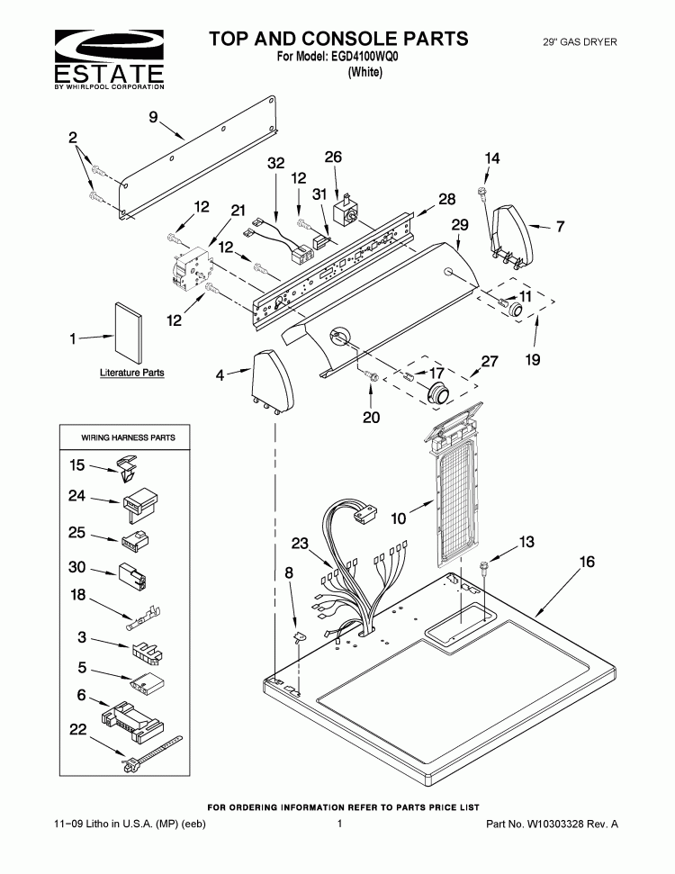 TOP AND CONSOLE PARTS Diagram and Parts List for EGD4100WQ0  Estate Dryer