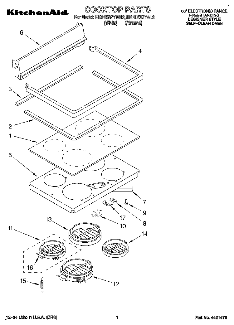 COOKTOP, LITERATURE Diagram and Parts List for KERC507YWH2  KitchenAid Range