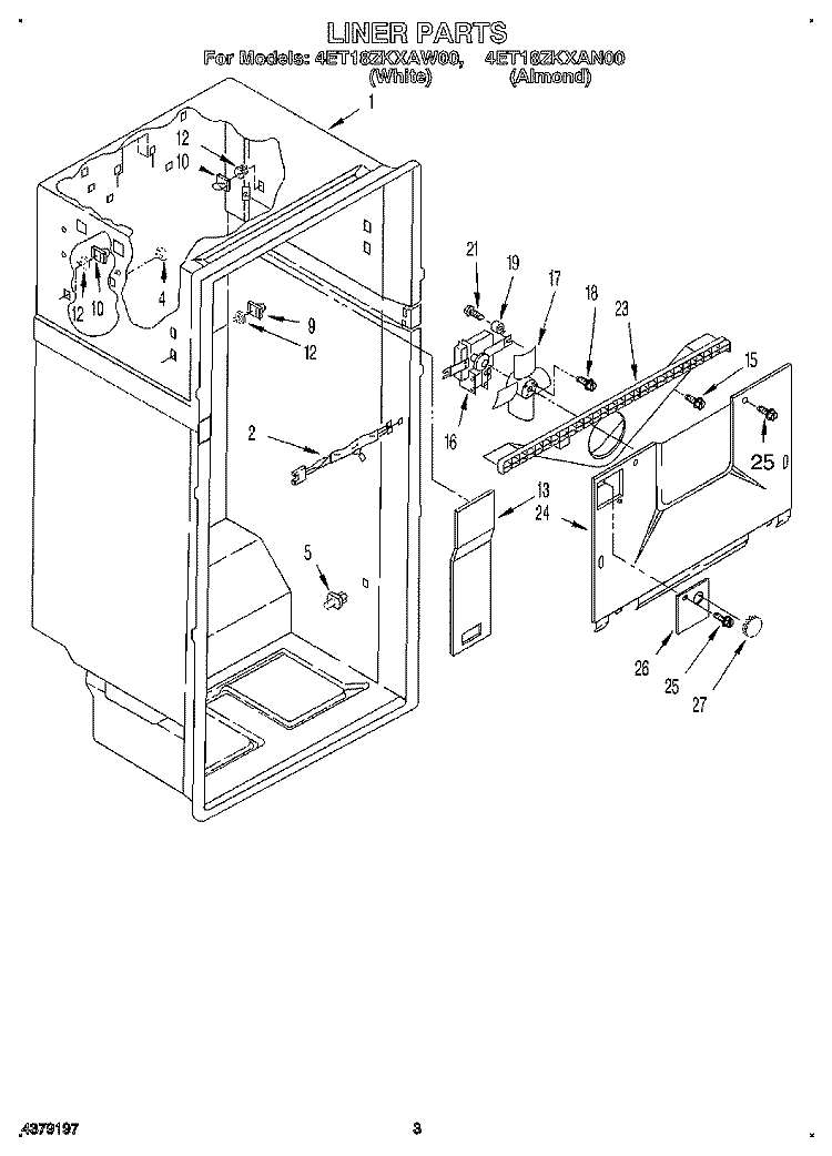 LINER Diagram and Parts List for 4ET18ZKXAW00  Whirlpool Refrigerator