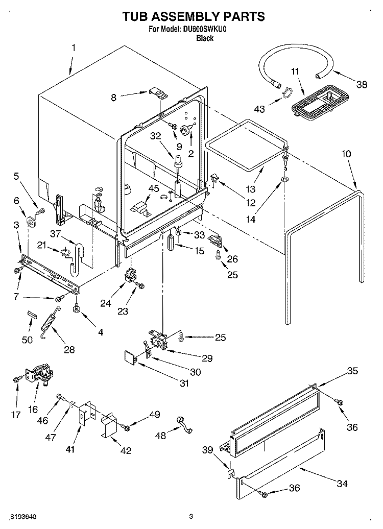 TUB ASSEMBLY Diagram and Parts List for DU800SWKU0  Whirlpool Dishwasher