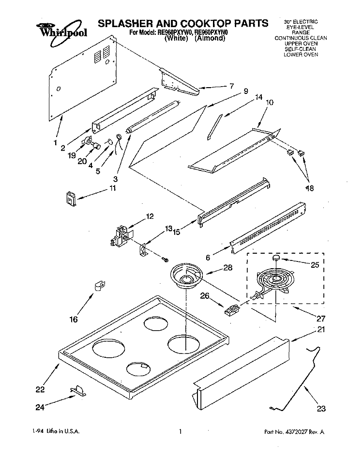 SPLASHER AND COOKTOP Diagram and Parts List for RE960PXYN0  Whirlpool Microwave Oven Combo