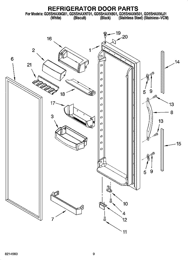REFRIGERATOR DOOR PARTS Diagram and Parts List for GD5SHAXNB01  Whirlpool Refrigerator
