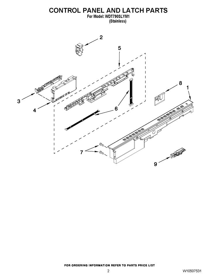 CONTROL PANEL AND LATCH PARTS Diagram and Parts List for WDT790SLYM1  Whirlpool Dishwasher