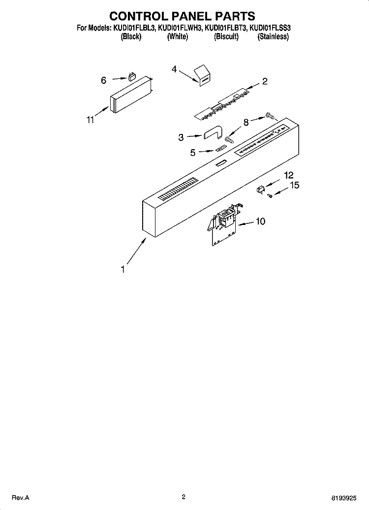 CONTROL PANEL PARTS Diagram and Parts List for KUDI01FLWH3  KitchenAid Dishwasher