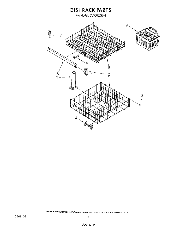 DISHRACK Diagram and Parts List for DU5000XW0  Whirlpool Dishwasher
