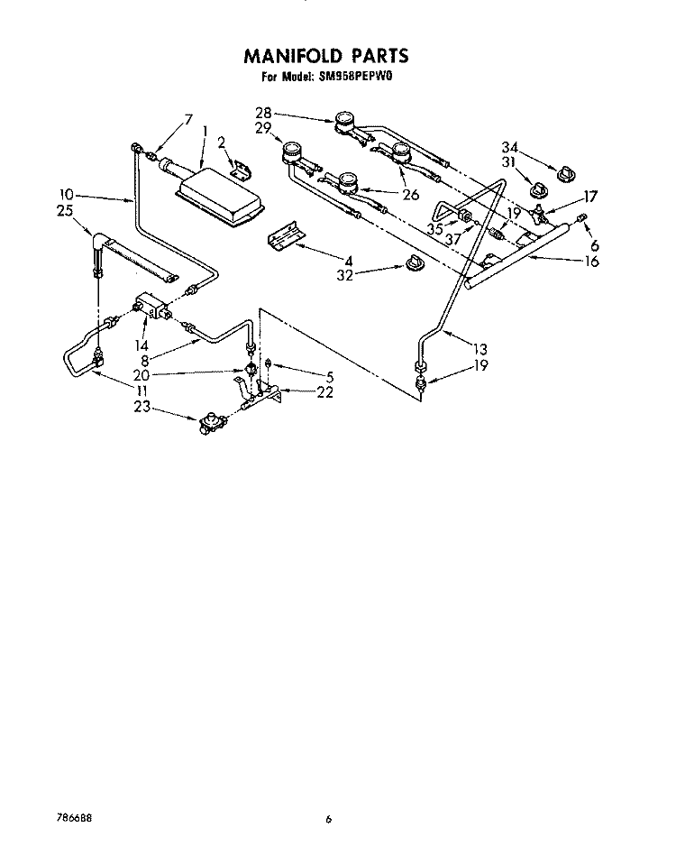MANIFOLD Diagram and Parts List for SM958PEPW0  Whirlpool Range