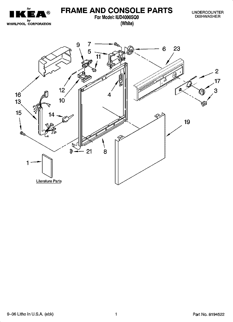 FRAME AND CONSOLE PARTS Diagram and Parts List for IUD4000SQ0  Whirlpool Dishwasher