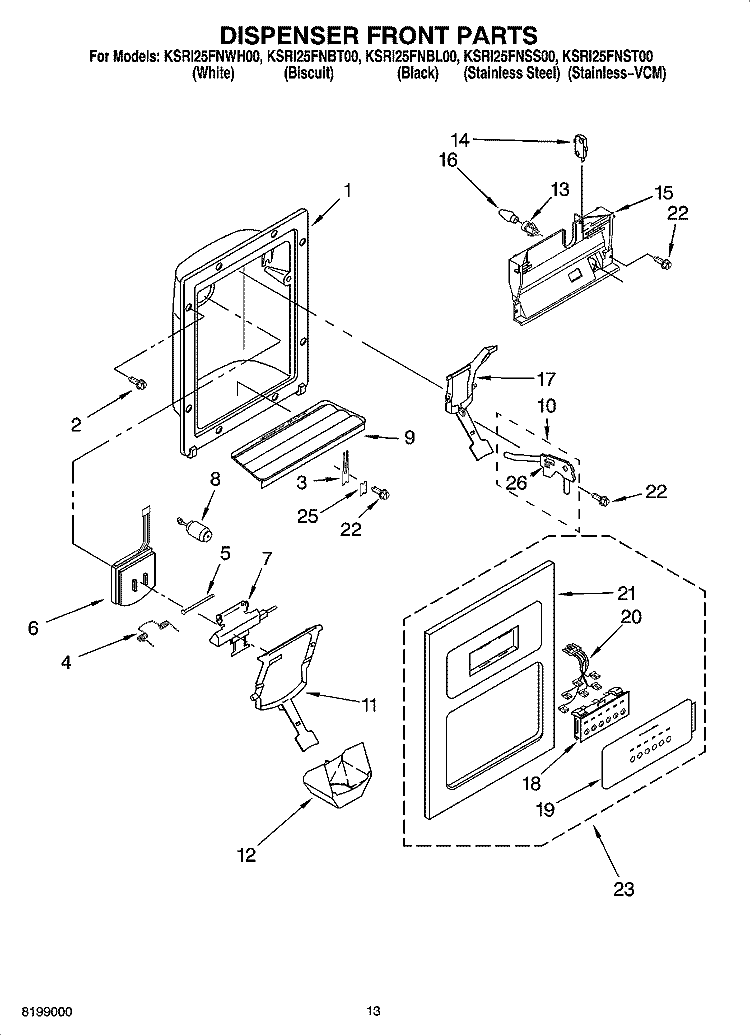 DISPENSER FRONT PARTS Diagram and Parts List for KSRI25FNSS00  KitchenAid Refrigerator