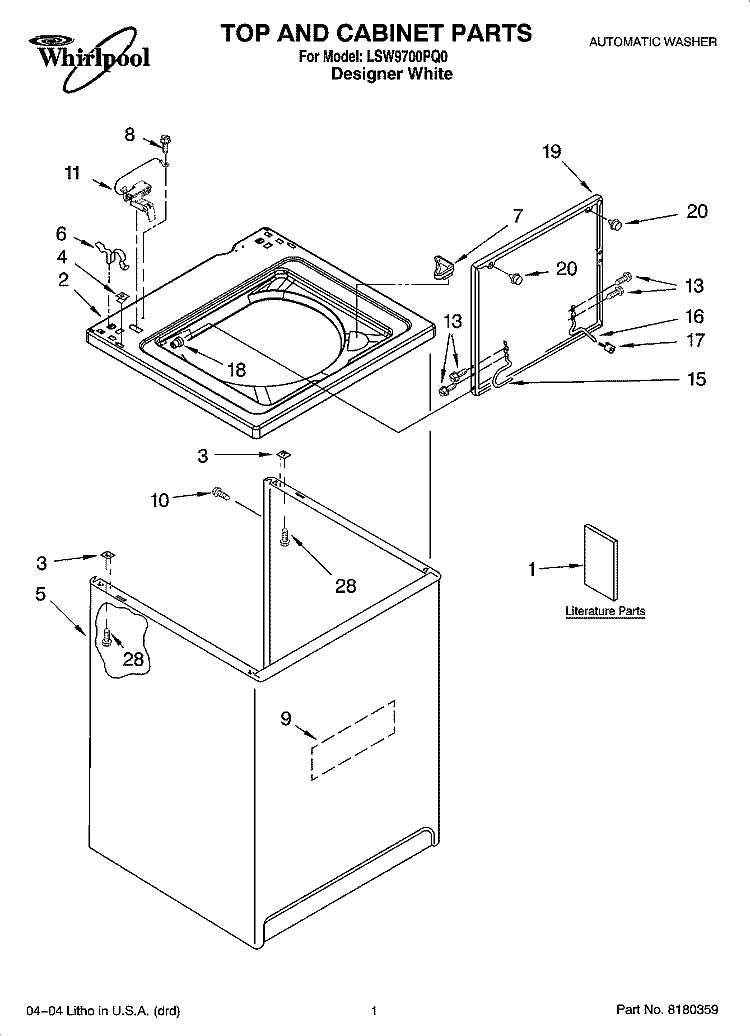TOP AND CABINET PARTS Diagram and Parts List for LSW9700PQ0  Whirlpool Washer