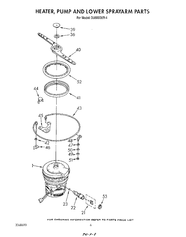 HEATER, PUMP AND LOWER SPRAY ARM Diagram and Parts List for DU6000XR4  Whirlpool Dishwasher