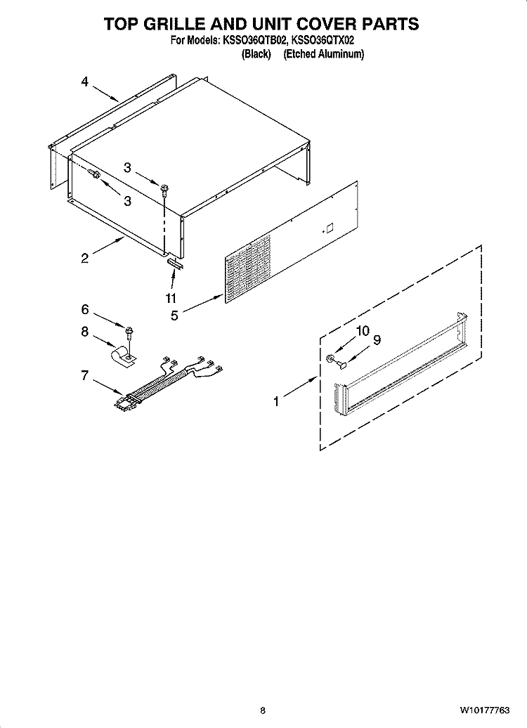 TOP GRILLE AND UNIT COVER PARTS Diagram and Parts List for KSSO36QTX02  KitchenAid Refrigerator
