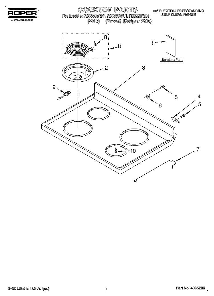 COOKTOP, LITERATURE Diagram and Parts List for FES330GQ1  Roper Range