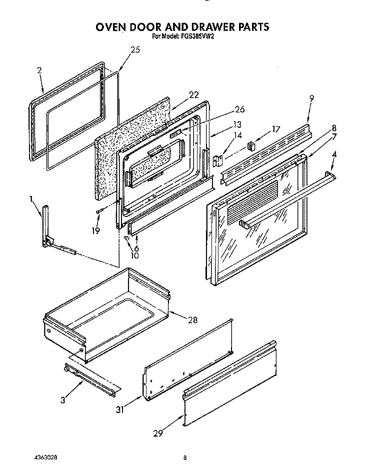 OVEN DOOR AND DRAWER Diagram and Parts List for FGS385VL2  Whirlpool Range