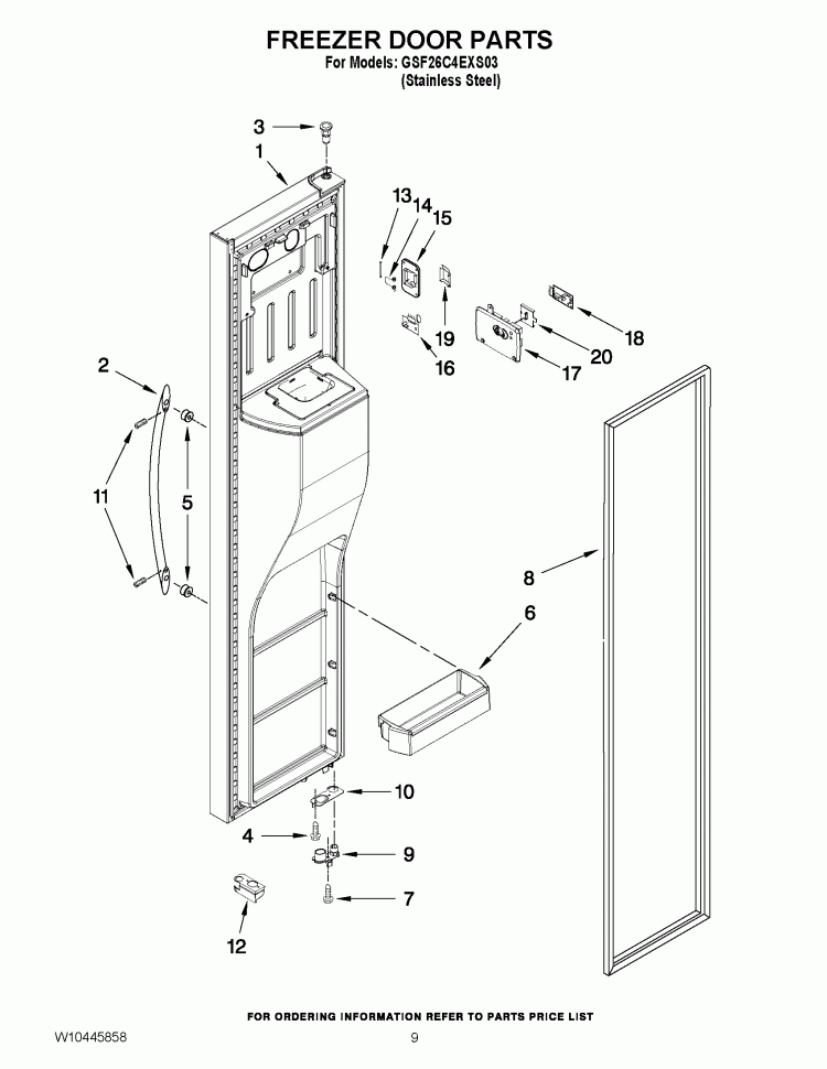 FREEZER DOOR PARTS Diagram and Parts List for GSF26C4EXS03  Whirlpool Refrigerator