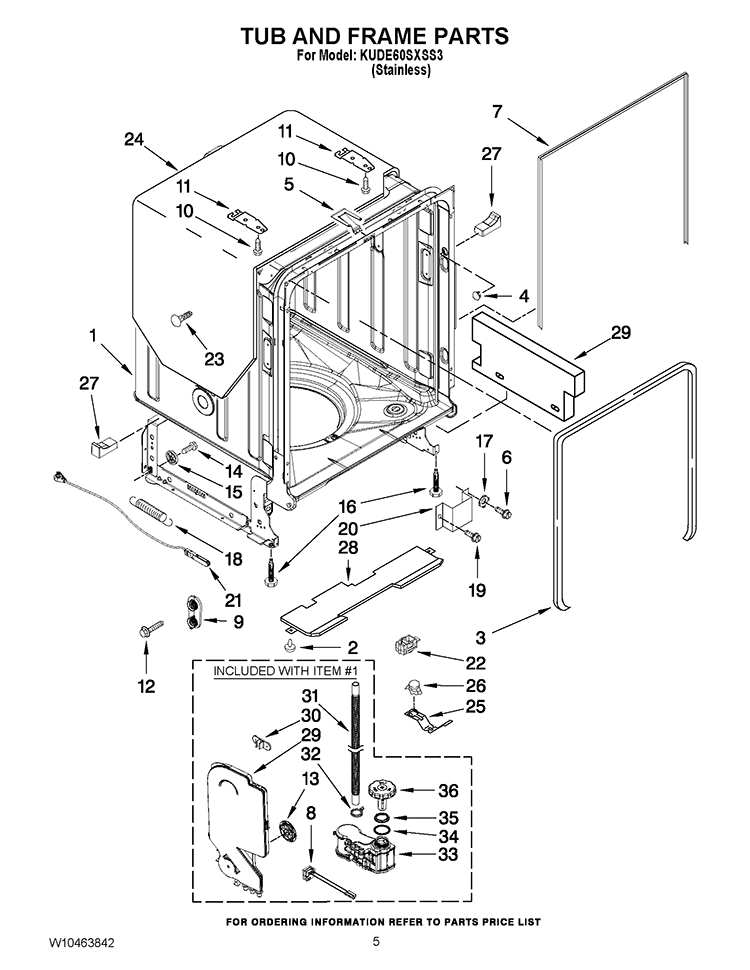 TUB AND FRAME PARTS Diagram and Parts List for KUDE60SXSS3  KitchenAid Dishwasher